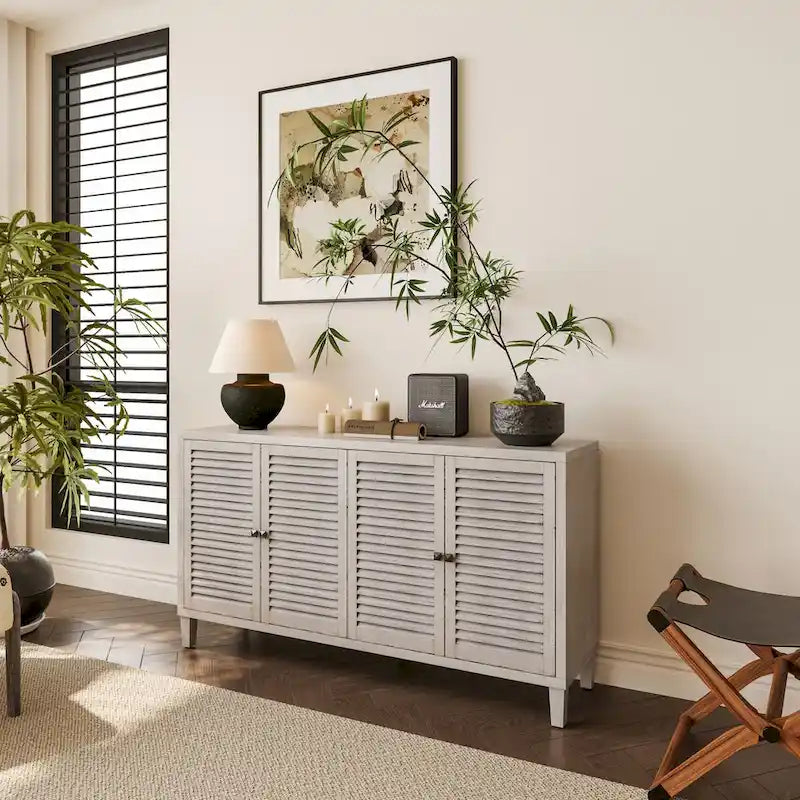 4-Shutter Door Sideboard Buffet Cabinet in Shabby Chic White Wash