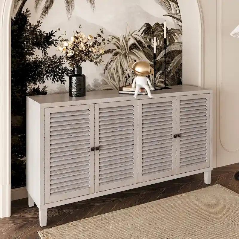 4-Shutter Door Sideboard Buffet Cabinet in Shabby Chic White Wash
