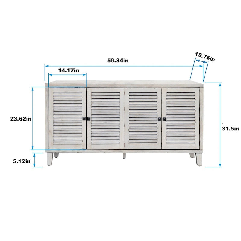 4-Shutter Door Sideboard Buffet Cabinet in Shabby Chic White Wash
