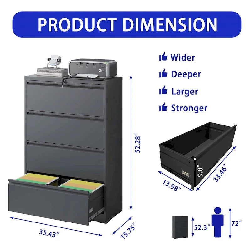 4-Drawer Steel Lateral File Cabinet with Lock