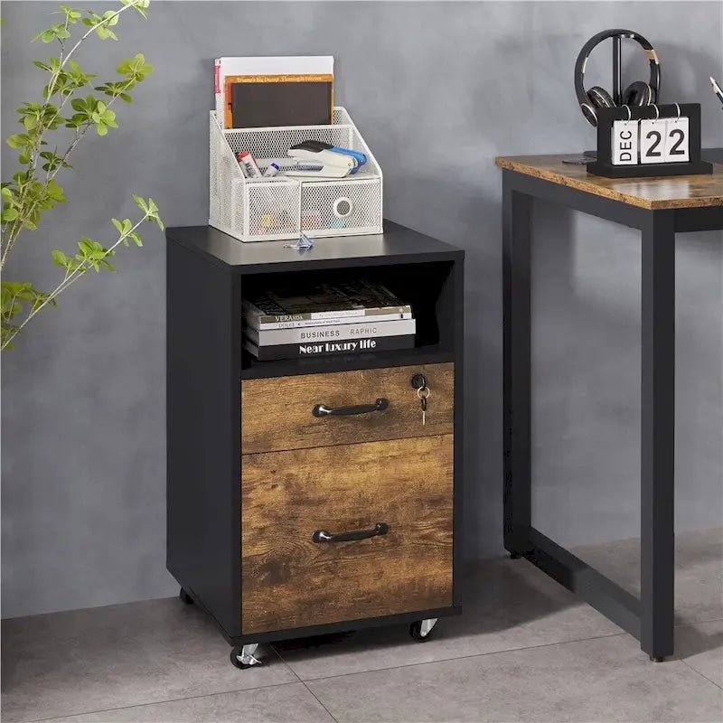 Rolling File Cabinet with 2 Drawers, Open Shelf & Locking Top Drawer
