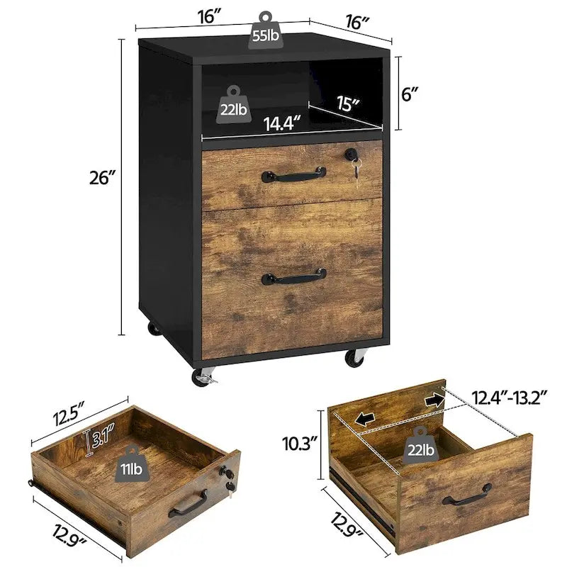 Rolling File Cabinet with 2 Drawers, Open Shelf & Locking Top Drawer