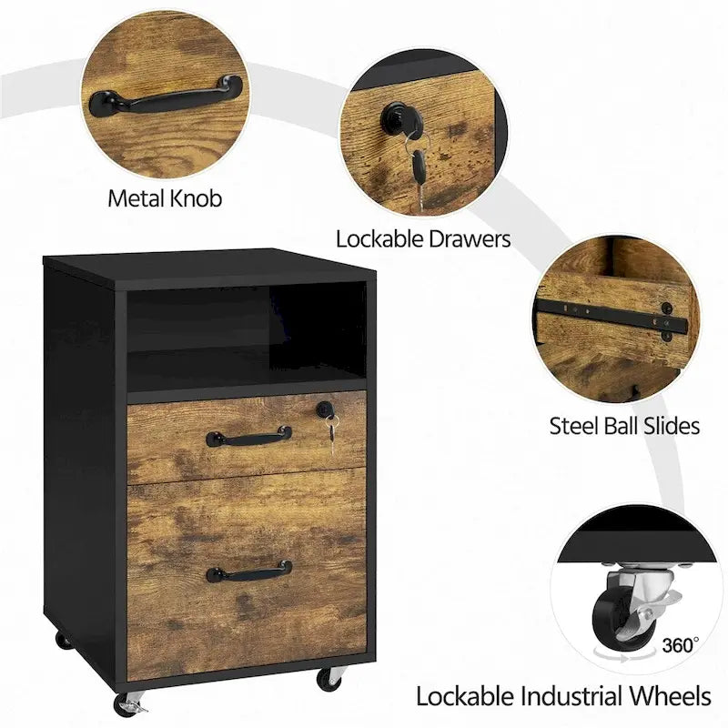 Rolling File Cabinet with 2 Drawers, Open Shelf & Locking Top Drawer