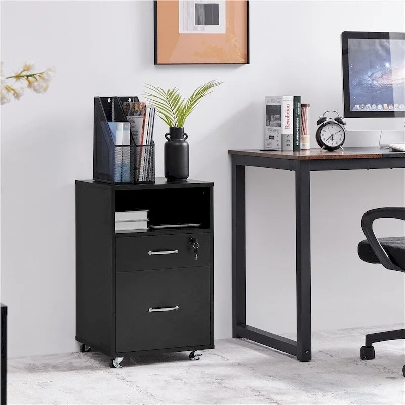 Rolling File Cabinet with 2 Drawers, Open Shelf & Locking Top Drawer