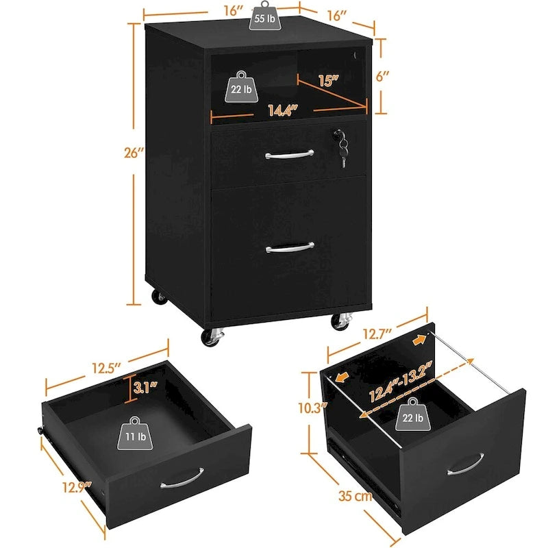 Rolling File Cabinet with 2 Drawers, Open Shelf & Locking Top Drawer