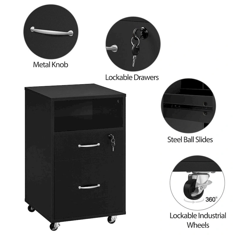 Rolling File Cabinet with 2 Drawers, Open Shelf & Locking Top Drawer