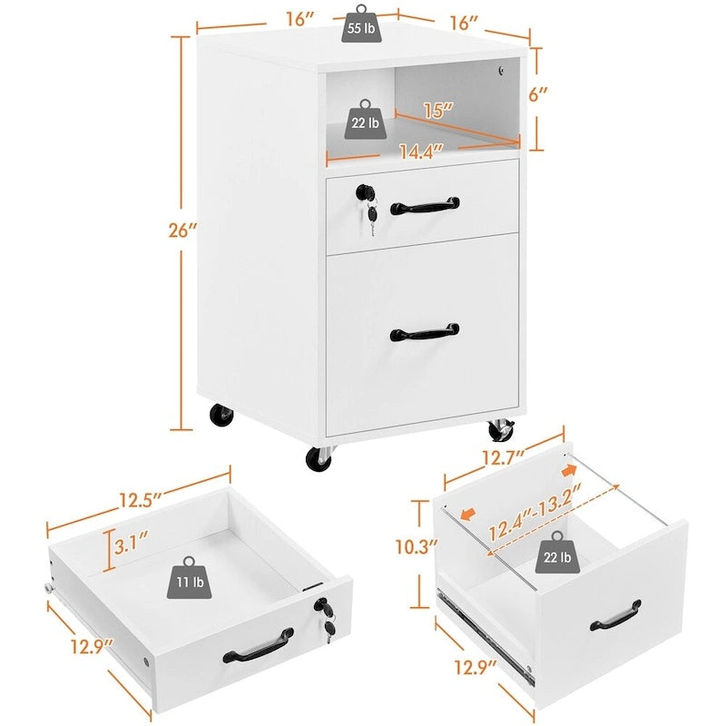 Rolling File Cabinet with 2 Drawers, Open Shelf & Locking Top Drawer
