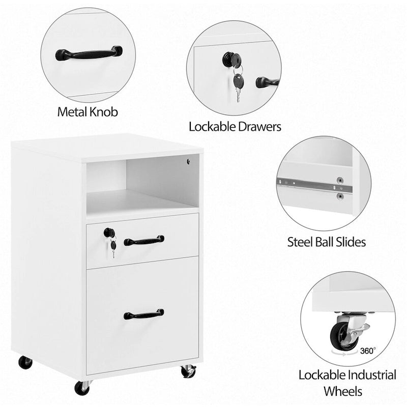 Rolling File Cabinet with 2 Drawers, Open Shelf & Locking Top Drawer