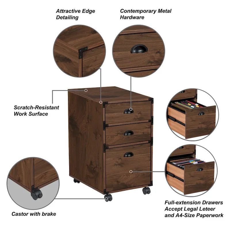 3-Drawer Mobile File Cabinet on Wheels with Walnut Finish