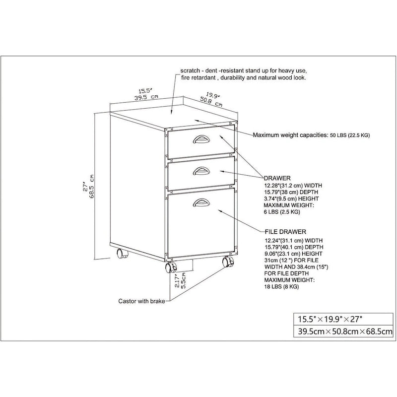 3-Drawer Mobile File Cabinet on Wheels with Walnut Finish