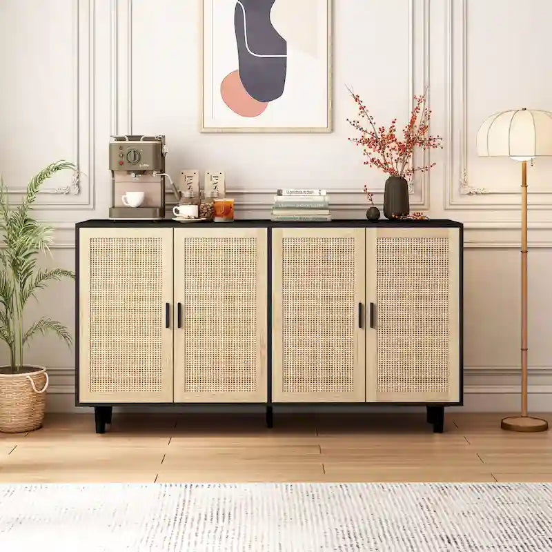 62" 4-Door Rattan Decorative Storage Cabinet with Solid Wood Legs & Handles