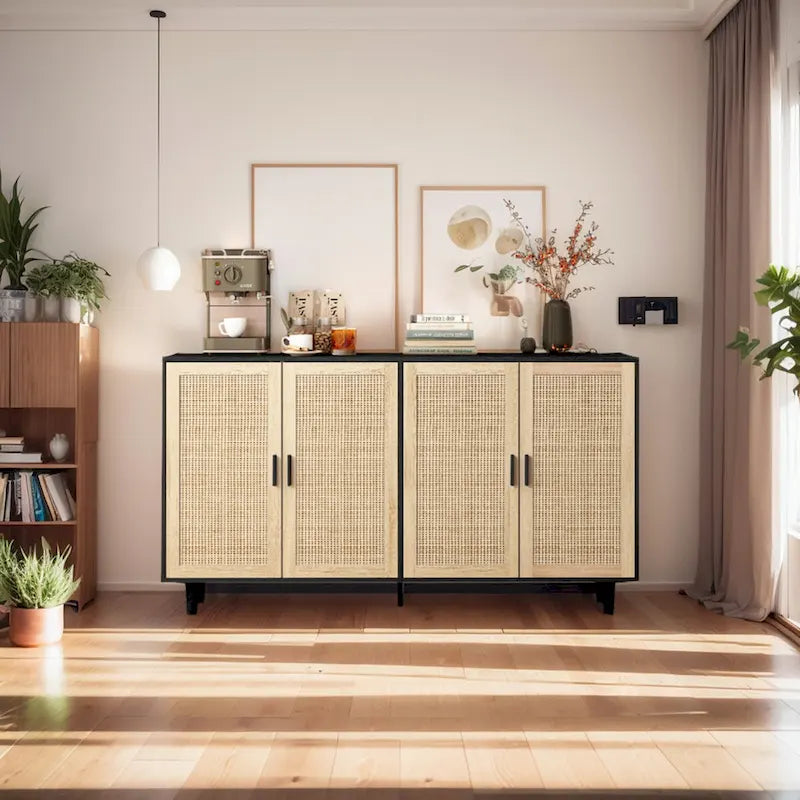 62" 4-Door Rattan Decorative Storage Cabinet with Solid Wood Legs & Handles
