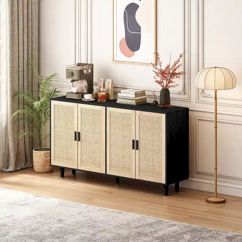 62" 4-Door Rattan Decorative Storage Cabinet with Solid Wood Legs & Handles