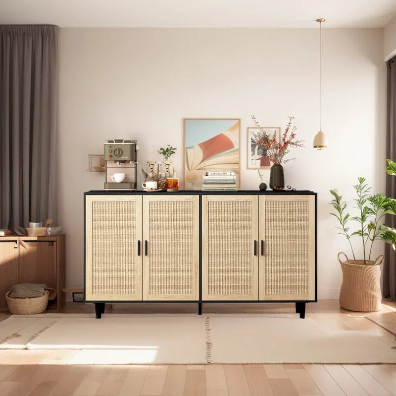 62" 4-Door Rattan Decorative Storage Cabinet with Solid Wood Legs & Handles