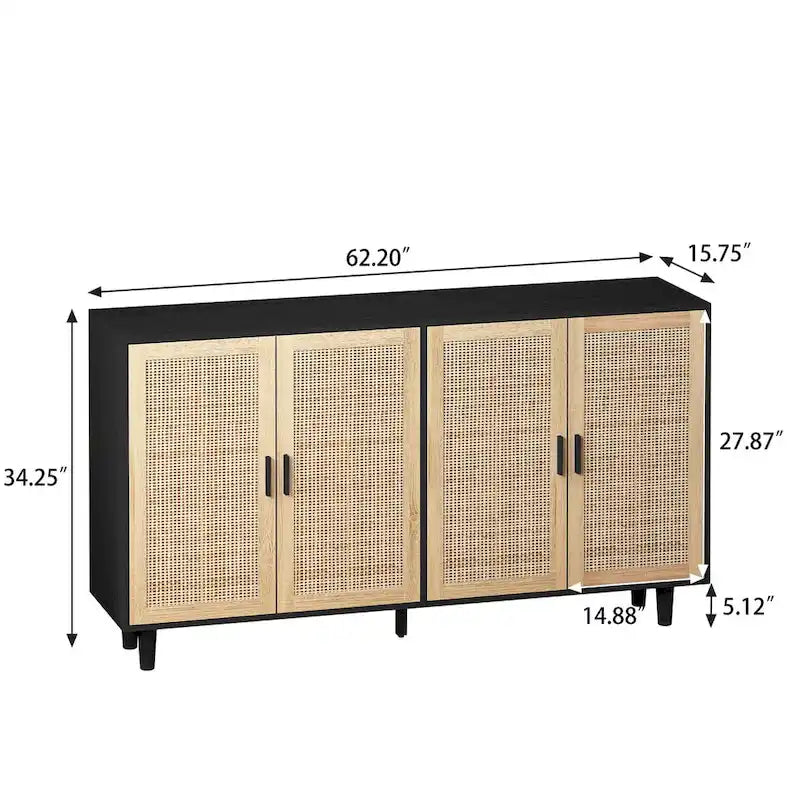 62" 4-Door Rattan Decorative Storage Cabinet with Solid Wood Legs & Handles