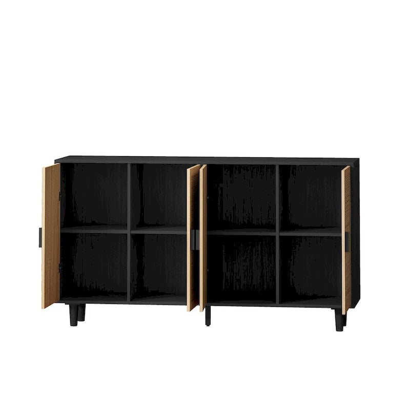62" 4-Door Rattan Decorative Storage Cabinet with Solid Wood Legs & Handles