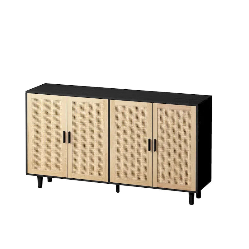 62" 4-Door Rattan Decorative Storage Cabinet with Solid Wood Legs & Handles