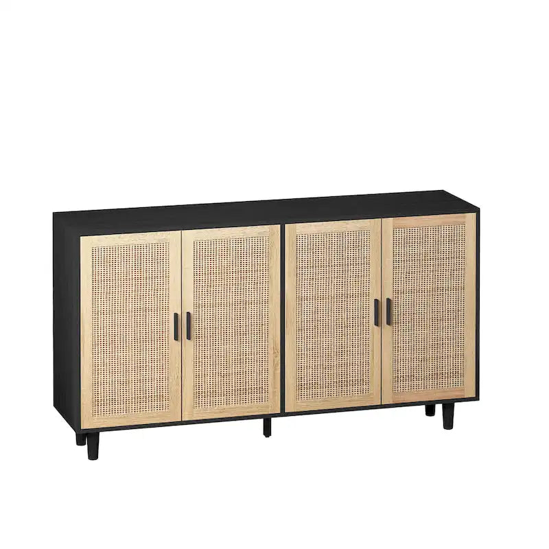 62" 4-Door Rattan Decorative Storage Cabinet with Solid Wood Legs & Handles