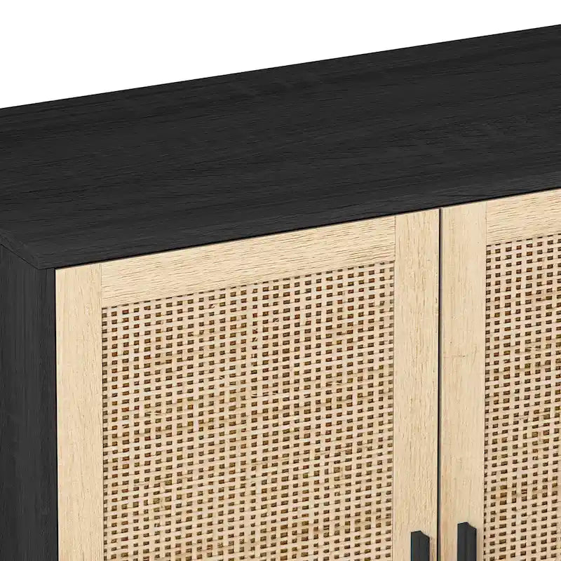 62" 4-Door Rattan Decorative Storage Cabinet with Solid Wood Legs & Handles