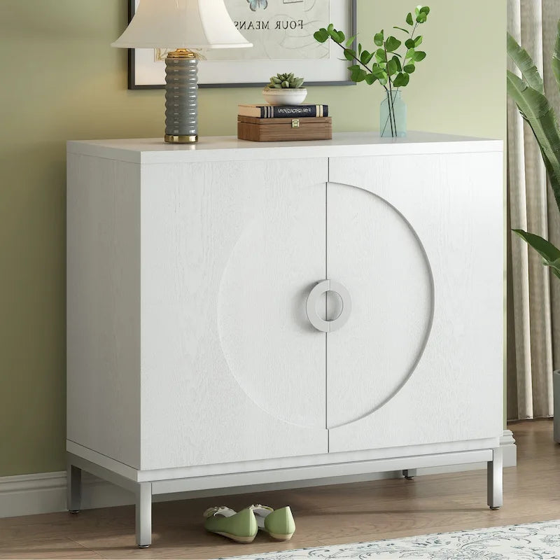 Modern Accent Sideboard Cabinet with Wood Veneer, Round Doors & Metal Legs