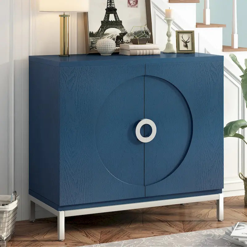 Modern Accent Sideboard Cabinet with Wood Veneer, Round Doors & Metal Legs