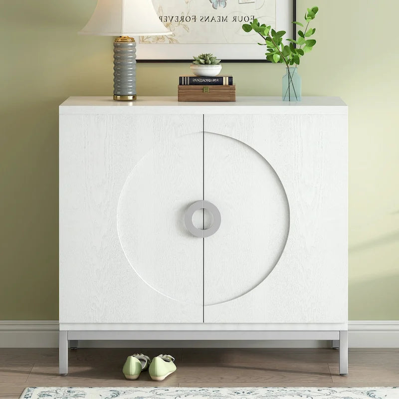 Modern Accent Sideboard Cabinet with Wood Veneer, Round Doors & Metal Legs