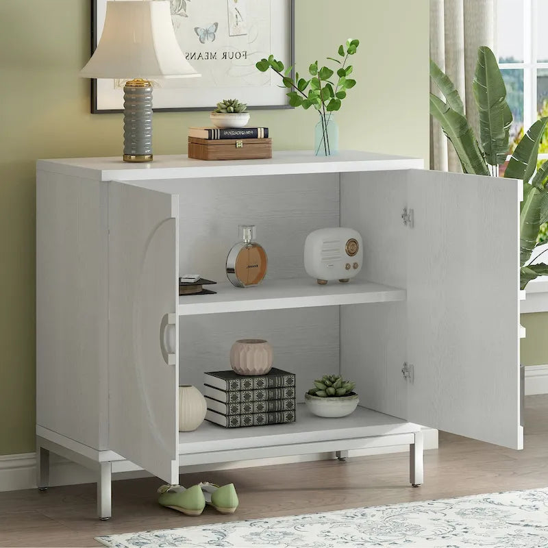 Modern Accent Sideboard Cabinet with Wood Veneer, Round Doors & Metal Legs