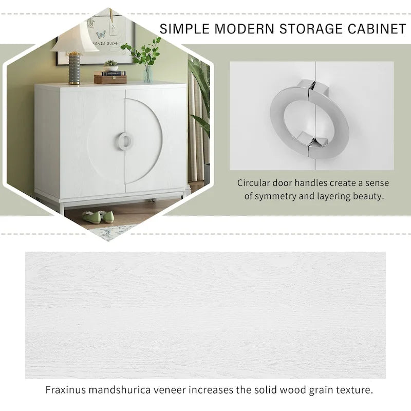 Modern Accent Sideboard Cabinet with Wood Veneer, Round Doors & Metal Legs