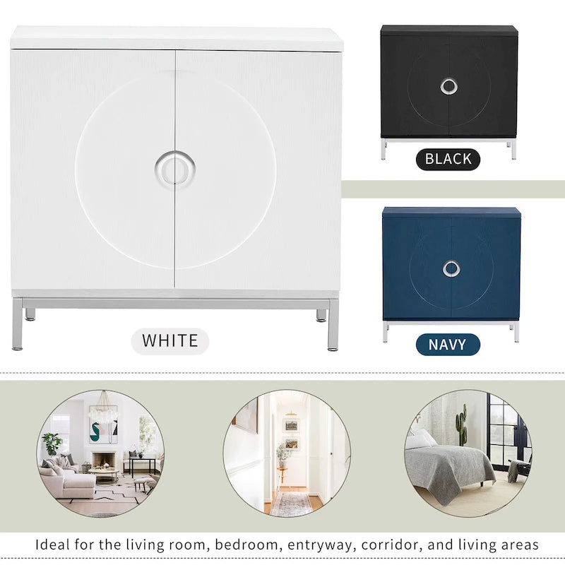 Modern Accent Sideboard Cabinet with Wood Veneer, Round Doors & Metal Legs