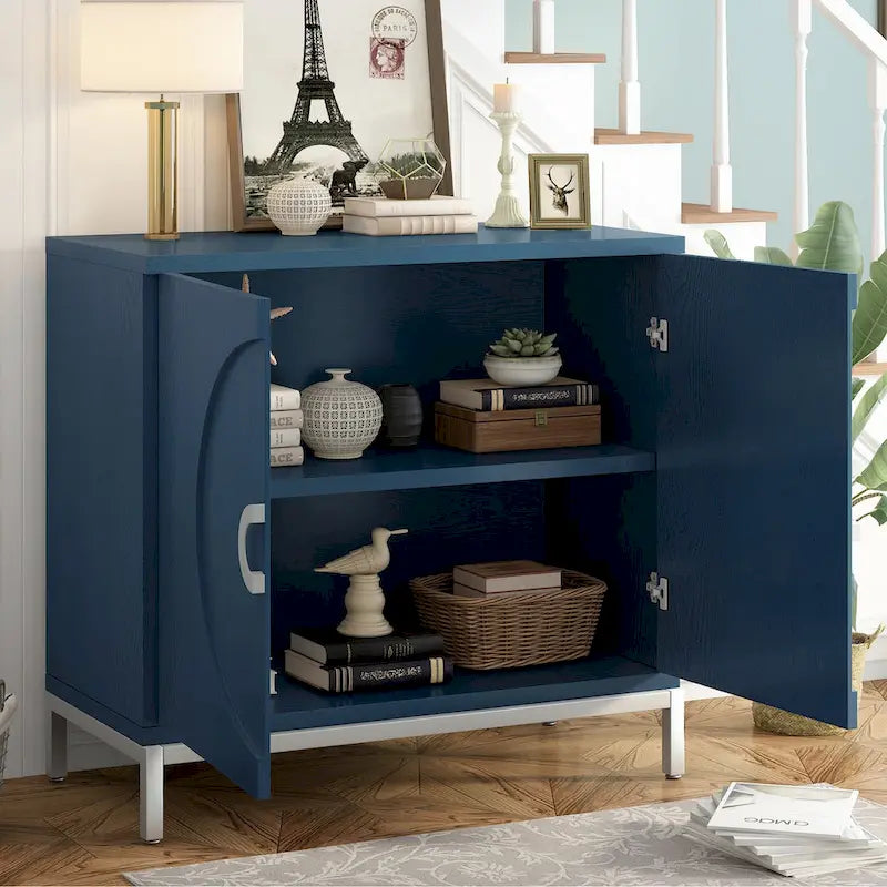 Modern Accent Sideboard Cabinet with Wood Veneer, Round Doors & Metal Legs