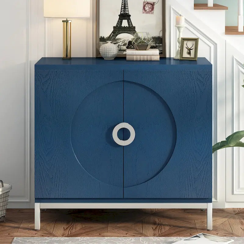 Modern Accent Sideboard Cabinet with Wood Veneer, Round Doors & Metal Legs