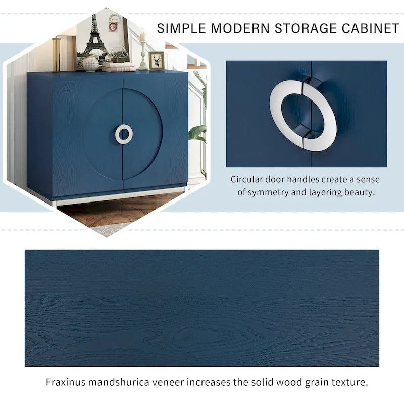 Modern Accent Sideboard Cabinet with Wood Veneer, Round Doors & Metal Legs