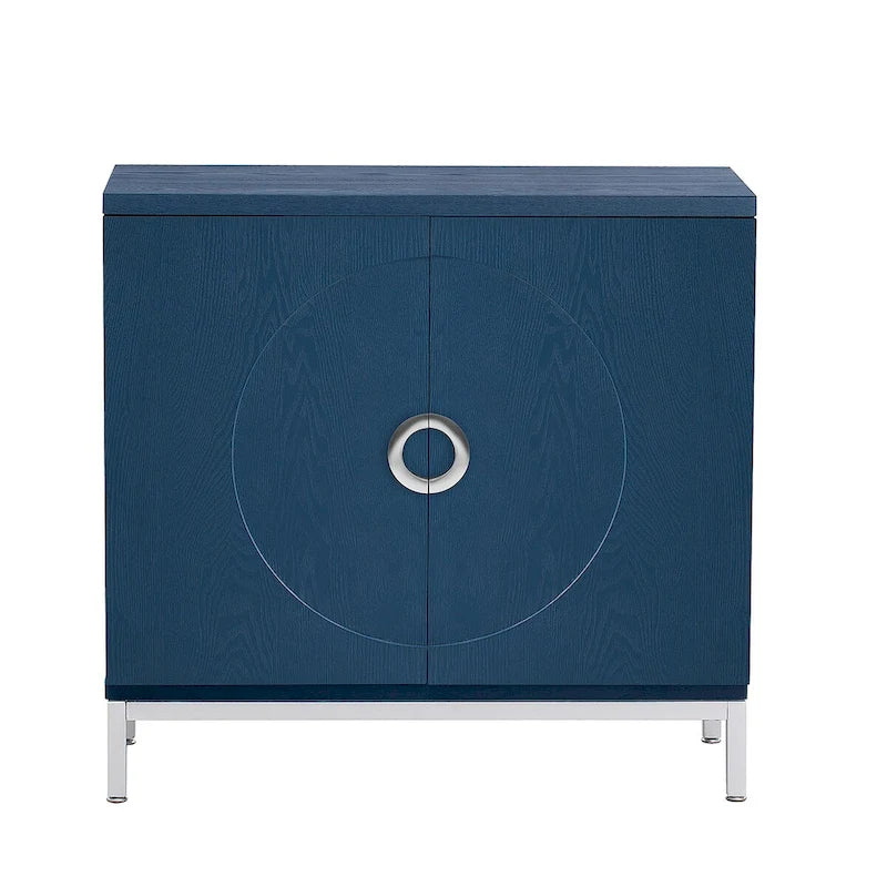 Modern Accent Sideboard Cabinet with Wood Veneer, Round Doors & Metal Legs