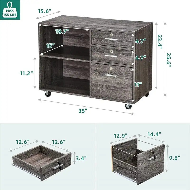 3 Drawer Mobile Lateral Filing Cabinet - 15.6D x 35W x 25.6H