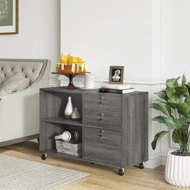 3-Drawer Mobile Lateral Filing Cabinet with Lock & Open Shelves