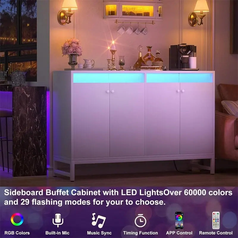 Sideboard Buffet Cabinet with Power Outlet & RGB LED Lights