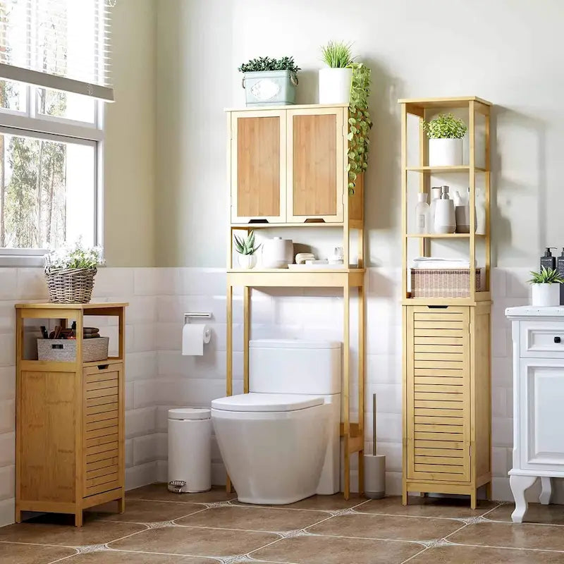 Bamboo Over-the-Toilet Storage Cabinet with Double Doors & Open Shelf