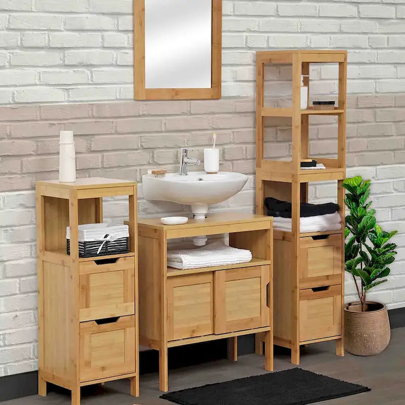 Bamboo Over-the-Toilet Storage Cabinet with Double Doors & Open Shelf