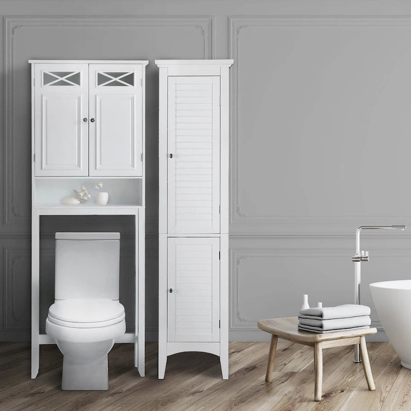 Over-the-Toilet Space Saver Cabinet with Glass Panel Doors & Open Shelf