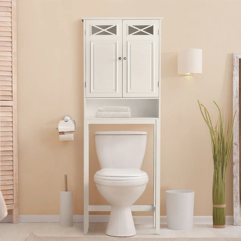 Over-the-Toilet Space Saver Cabinet with Glass Panel Doors & Open Shelf