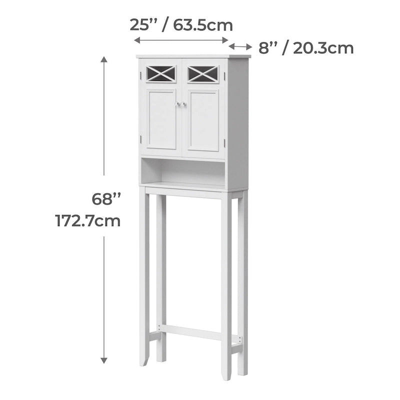 Over-the-Toilet Space Saver Cabinet with Glass Panel Doors & Open Shelf