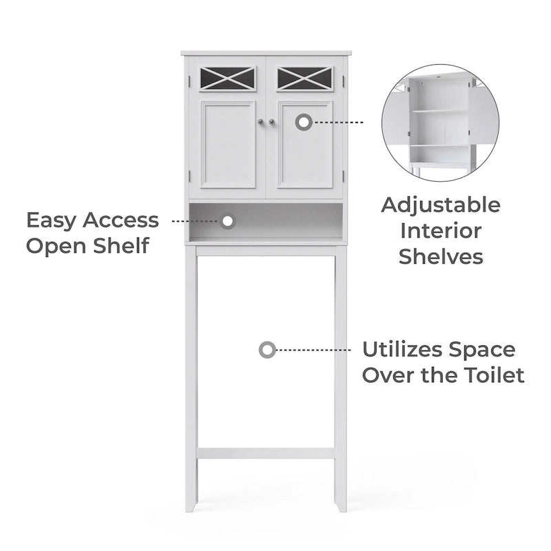 Meuble de rangement WC gain de place avec portes vitrées et étagère ouverte