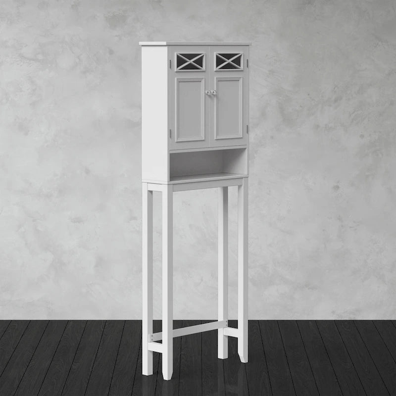 Meuble de rangement WC gain de place avec portes vitrées et étagère ouverte