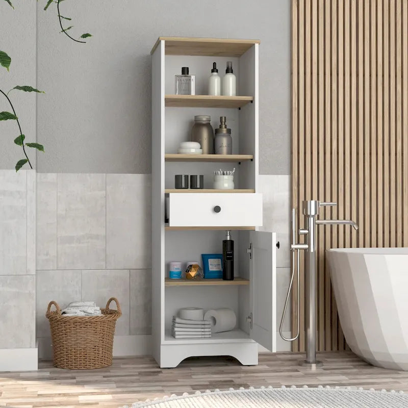 Tall Linen Cabinet with 3 Open Shelves, Drawer & Single Door Storage