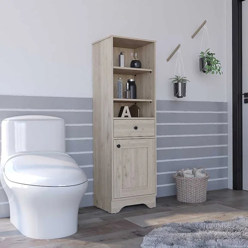 Tall Linen Cabinet with 3 Open Shelves, Drawer & Single Door Storage