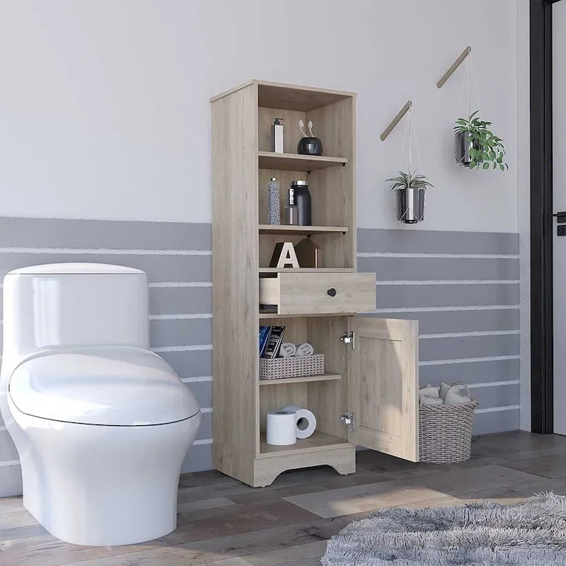 Colonne de salle de bain en lin avec 3 étagères ouvertes, un tiroir et un rangement à porte unique