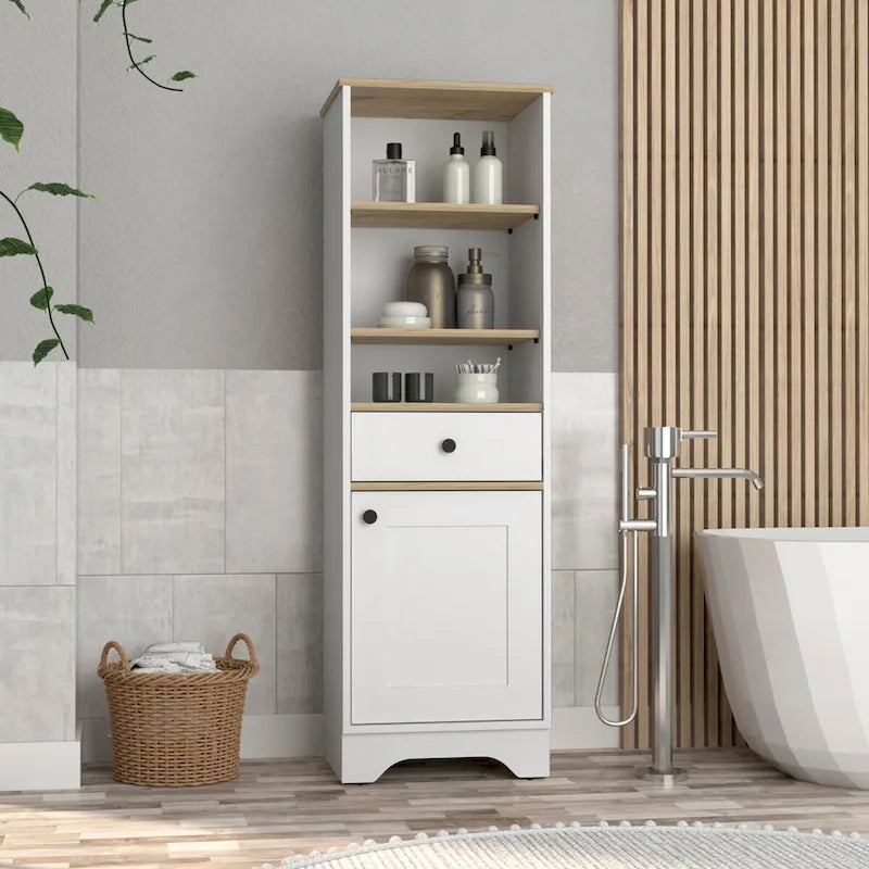 Colonne de salle de bain en lin avec 3 étagères ouvertes, un tiroir et un rangement à porte unique