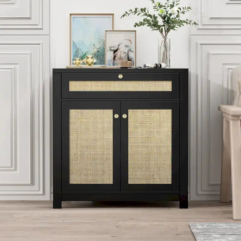 2-Door Rattan Storage Cabinet with Drawer & Adjustable Shelves