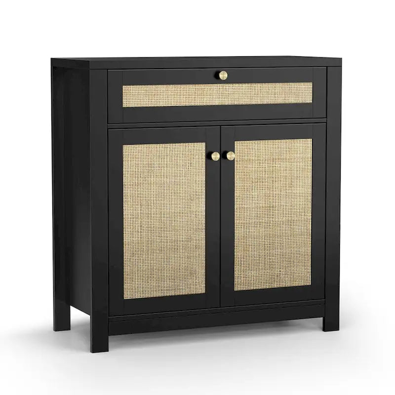 2-Door Rattan Storage Cabinet with Drawer & Adjustable Shelves
