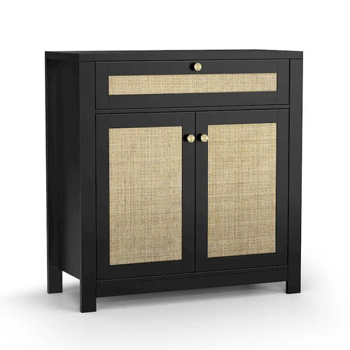2-Door Rattan Storage Cabinet with Drawer & Adjustable Shelves
